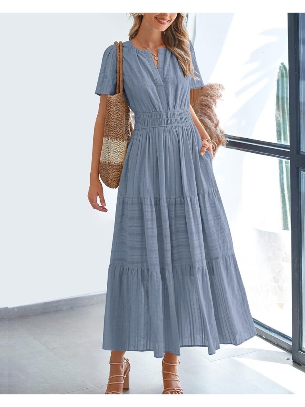 〽️Women's Blue Grey Lightweight Short Sleeve V Neck Elastic Waist Maxi Dresses